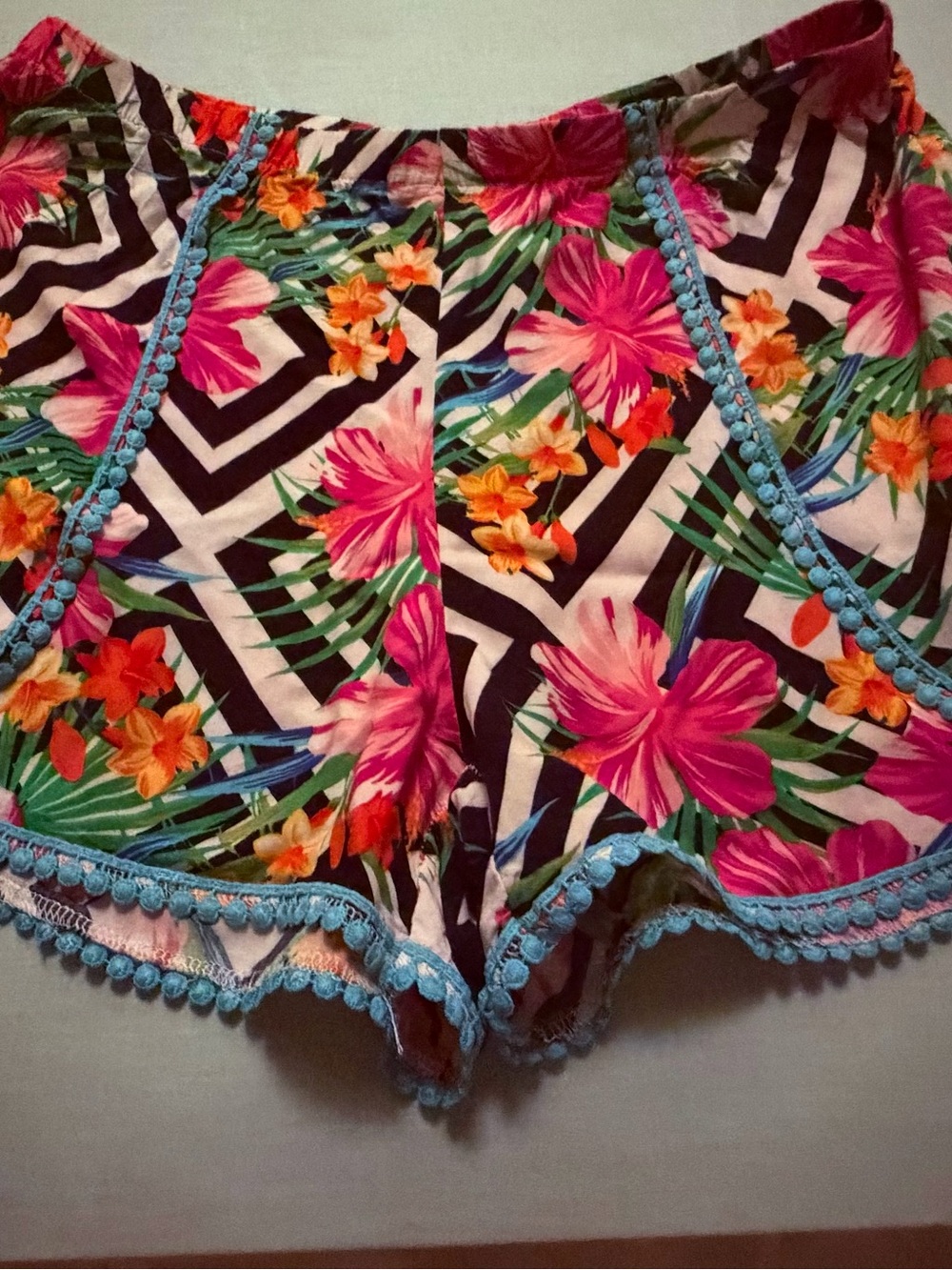 Floral Tropical Print Women’s Shorts with Pom Trim